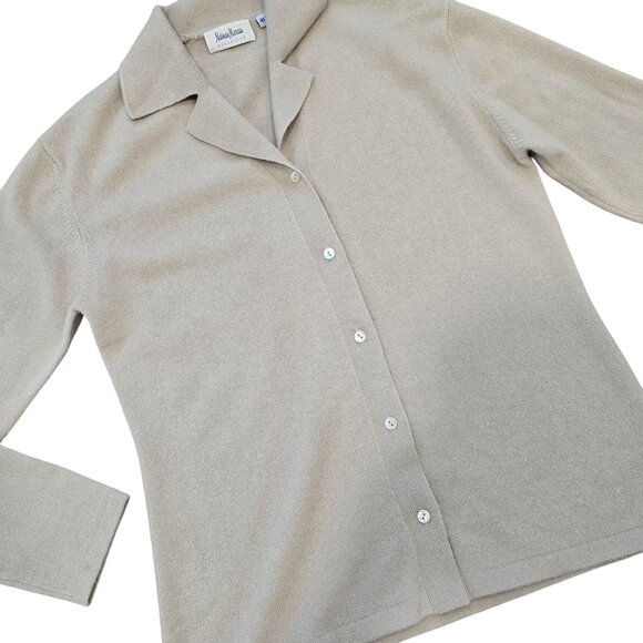Neiman Marcus Exclusive Beige Cashmere Button-Up Cardigan Sweater Medium collard - Picture 7 of 8